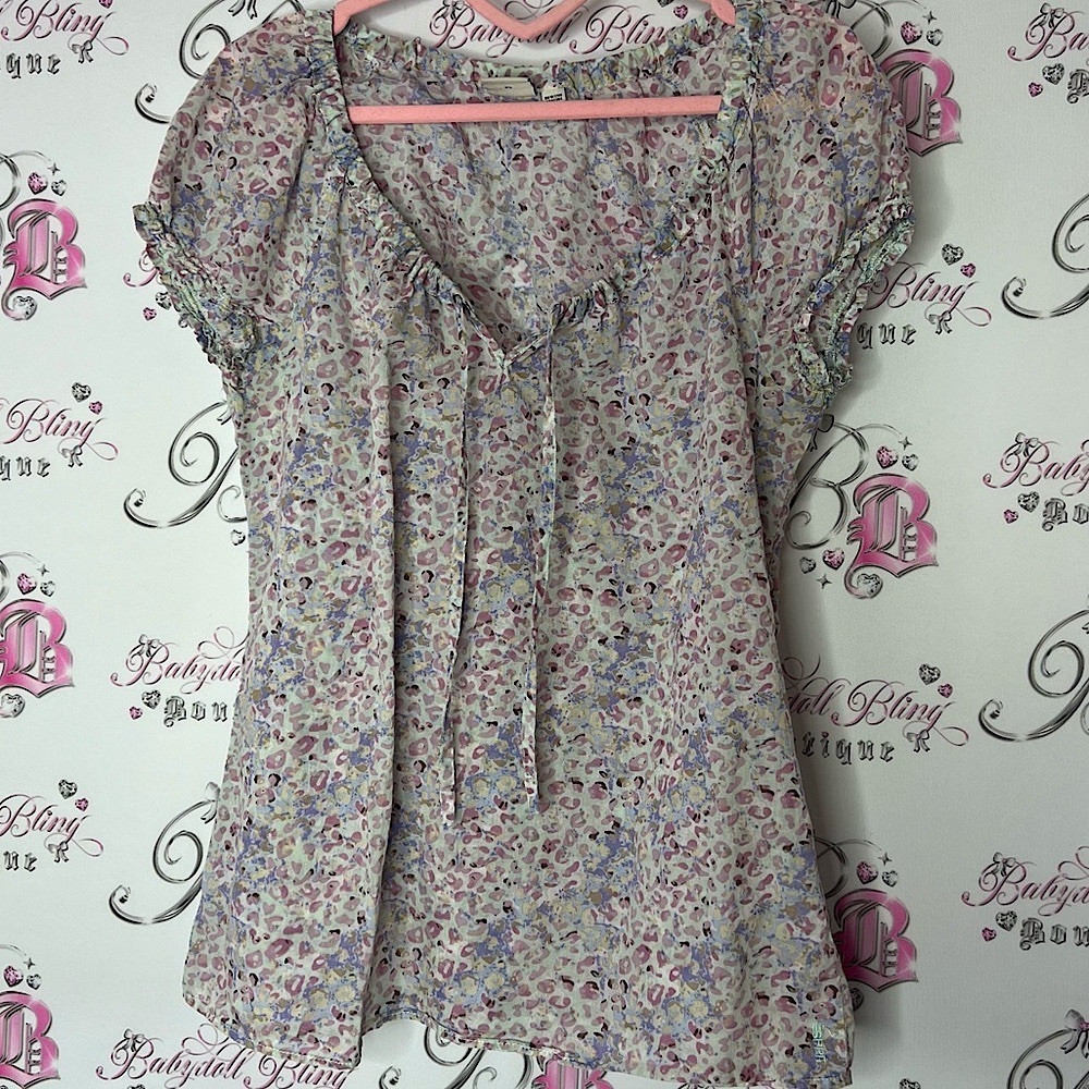 espirit top tshirt cheetah animal floral tie up ribbon bow ruffle frill trim